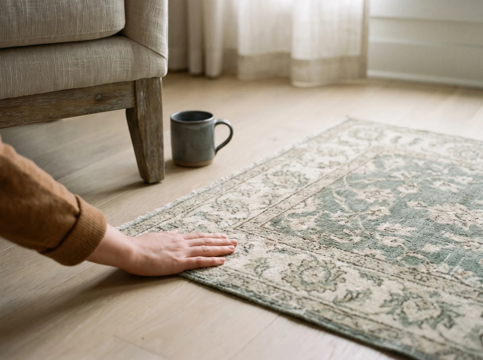 A hand smoothing the surface of a sage washable rug beside a linen armchair