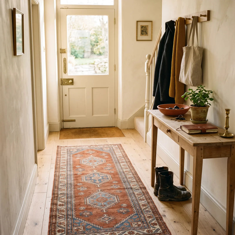 A rust and faded blue runner rug in an entryway with a console table, a coat rail and a pair of boots