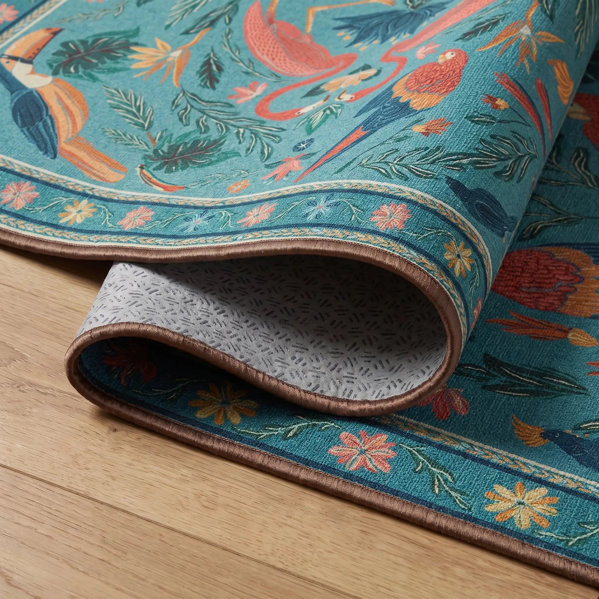 Birds Of A Feather Aqua Rug folded corner detail