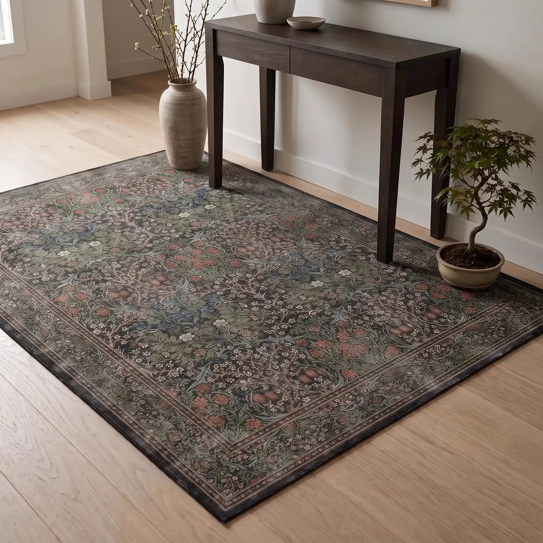 Blackthorn Forest Green Floral Rug in an entryway