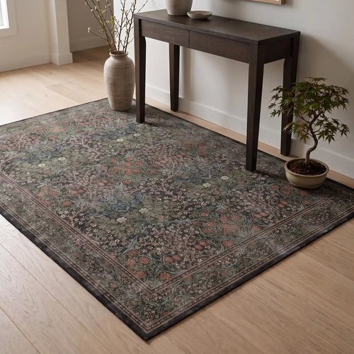 Blackthorn Forest Green Floral Rug in an entryway
