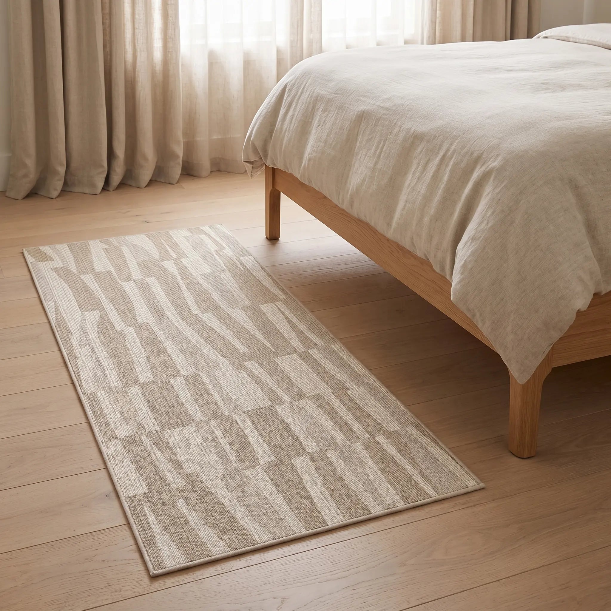Enzo Beige and Ivory Rug beside a bed