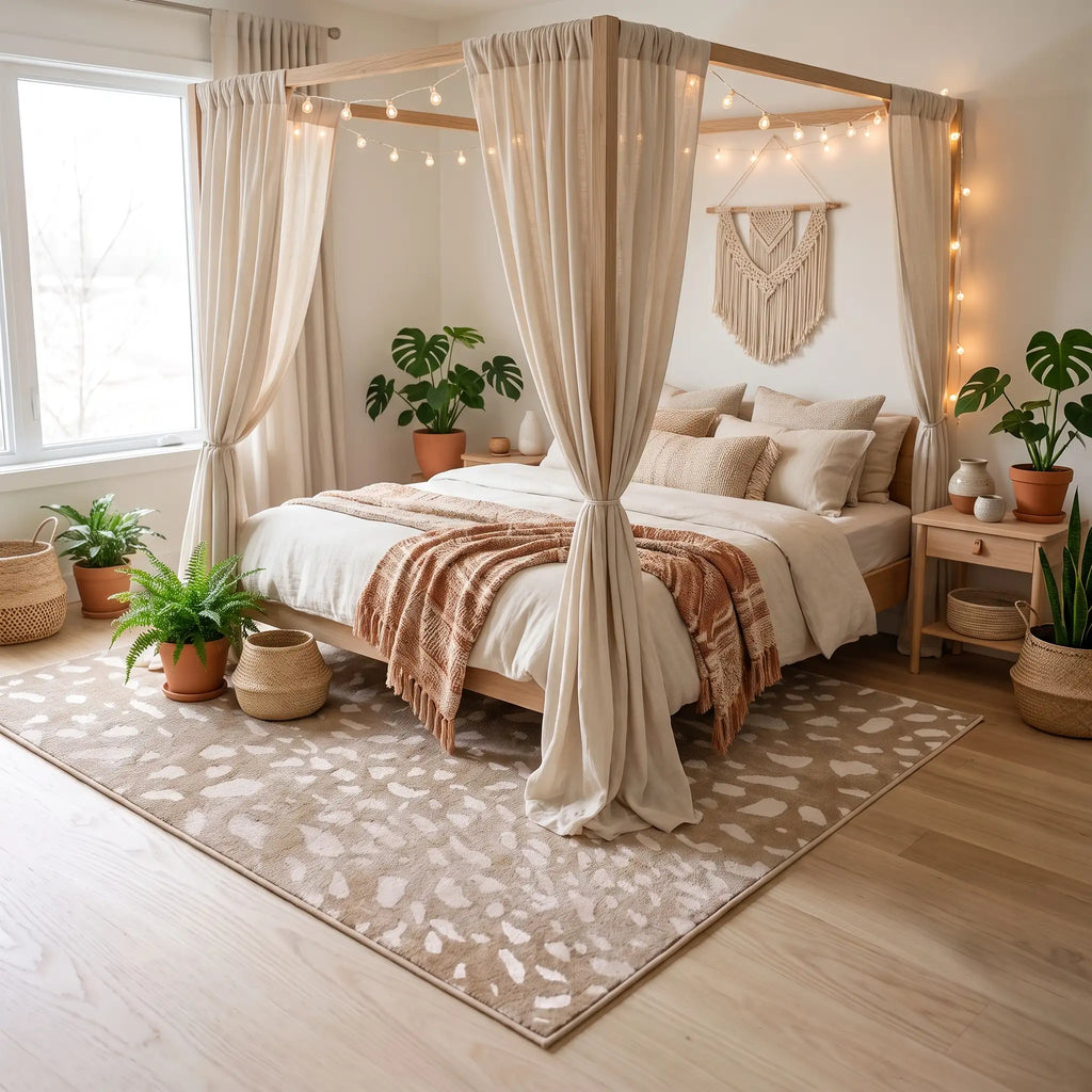 Fawn Natural Animal Print Rug in a bedroom