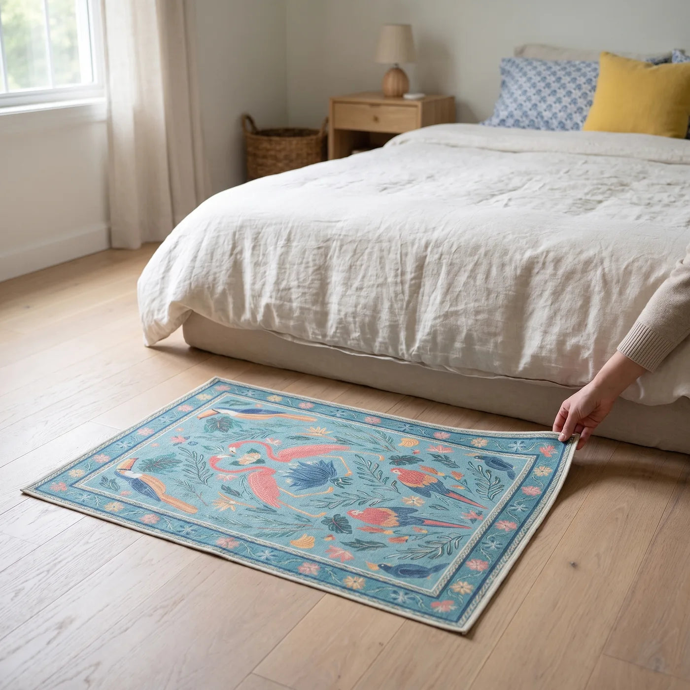 Birds of a Feather Aqua Rug shown in a home