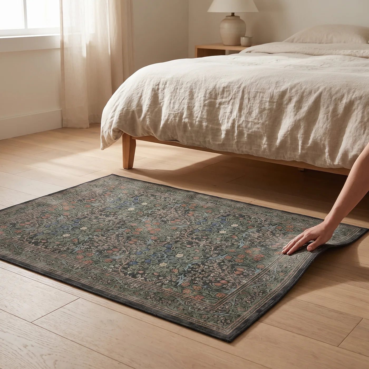 Blackthorn Forest Green Floral Rug shown in a home