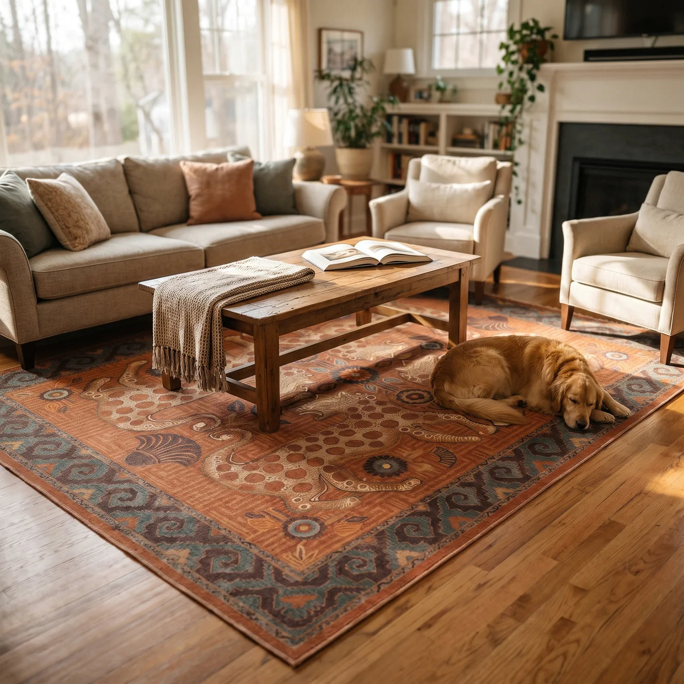 Eartha Terracotta Coastal Rug shown in a home
