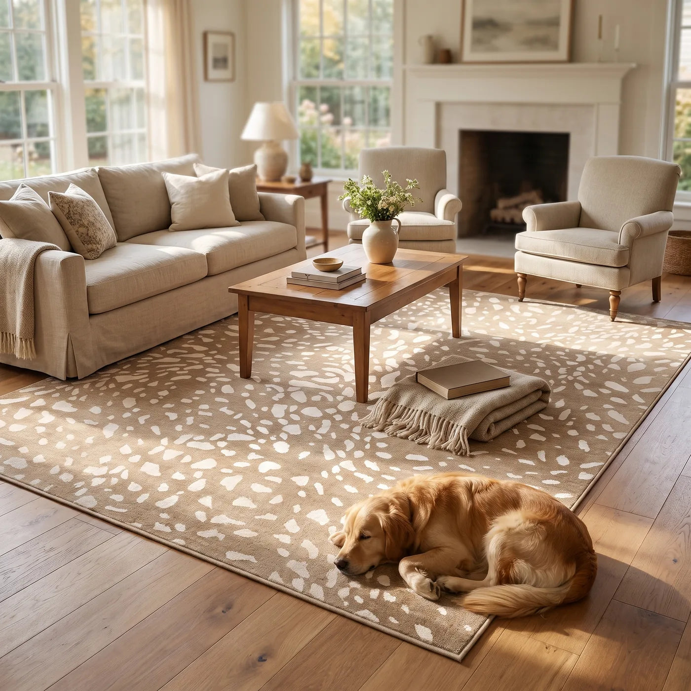 Fawn Natural Animal Print Rug shown in a home
