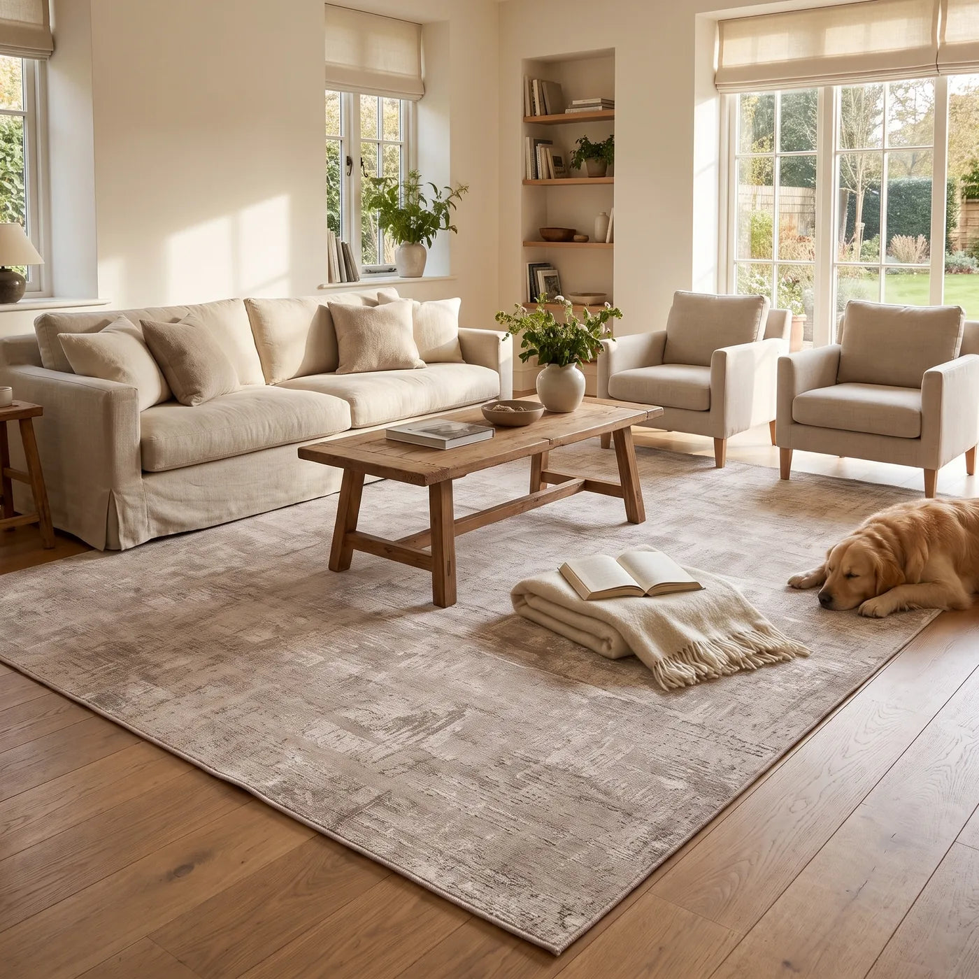Impasto Taupe Textured Rug shown in a home