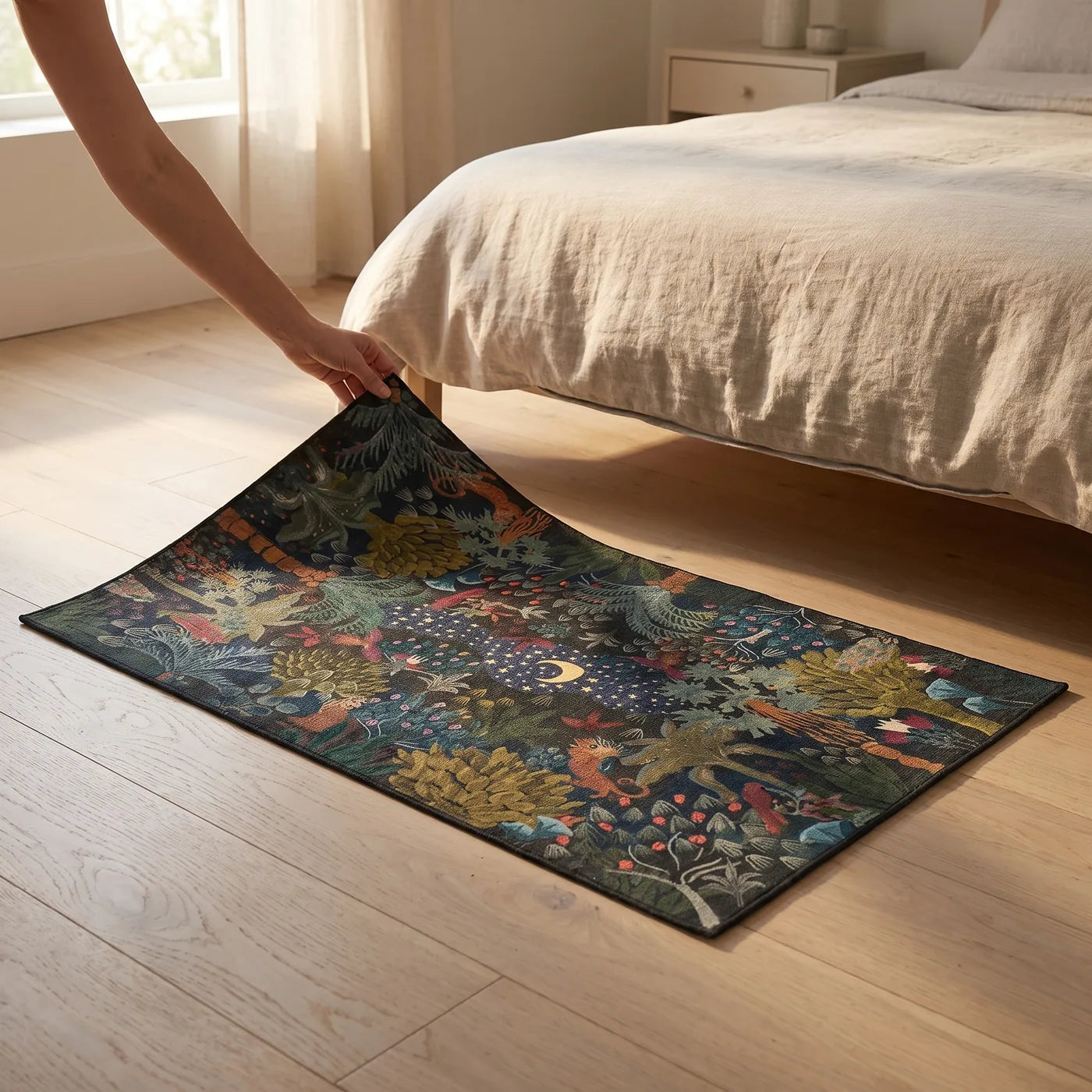 Josephine Midnight Jungle Rug shown in a home