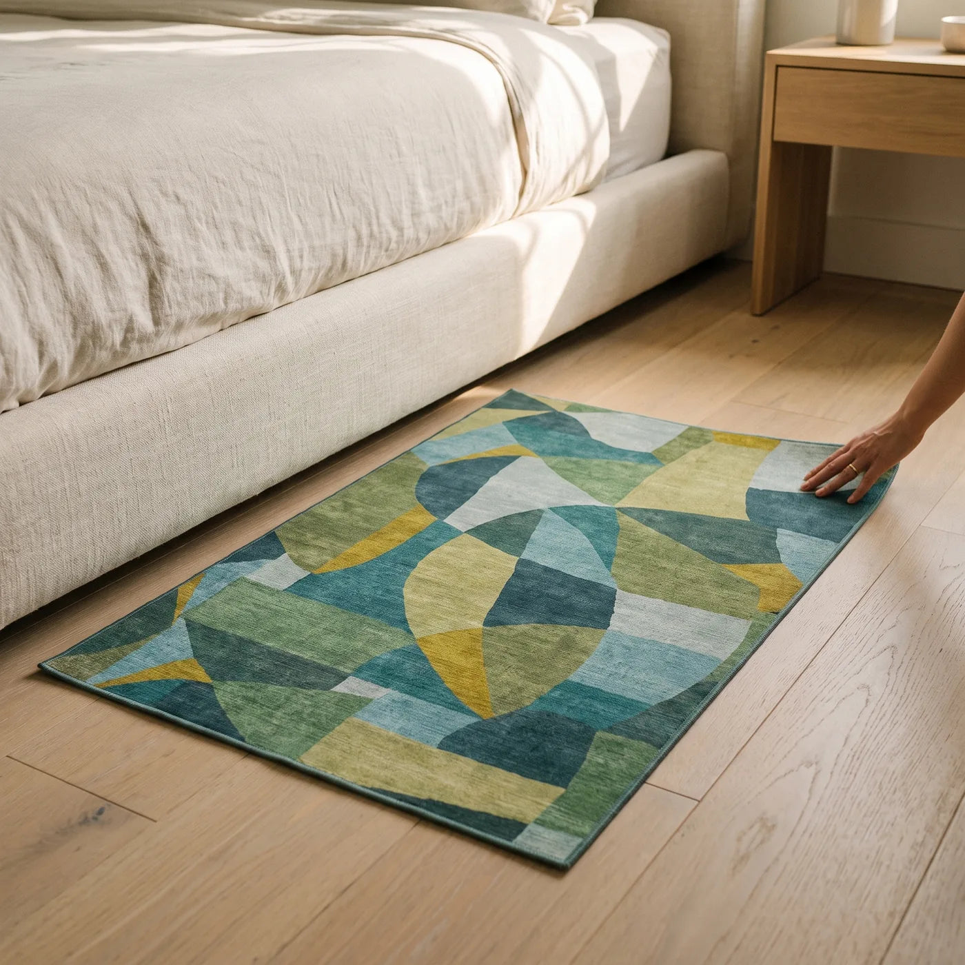 Kayla Teal Green Abstract Rug shown in a home