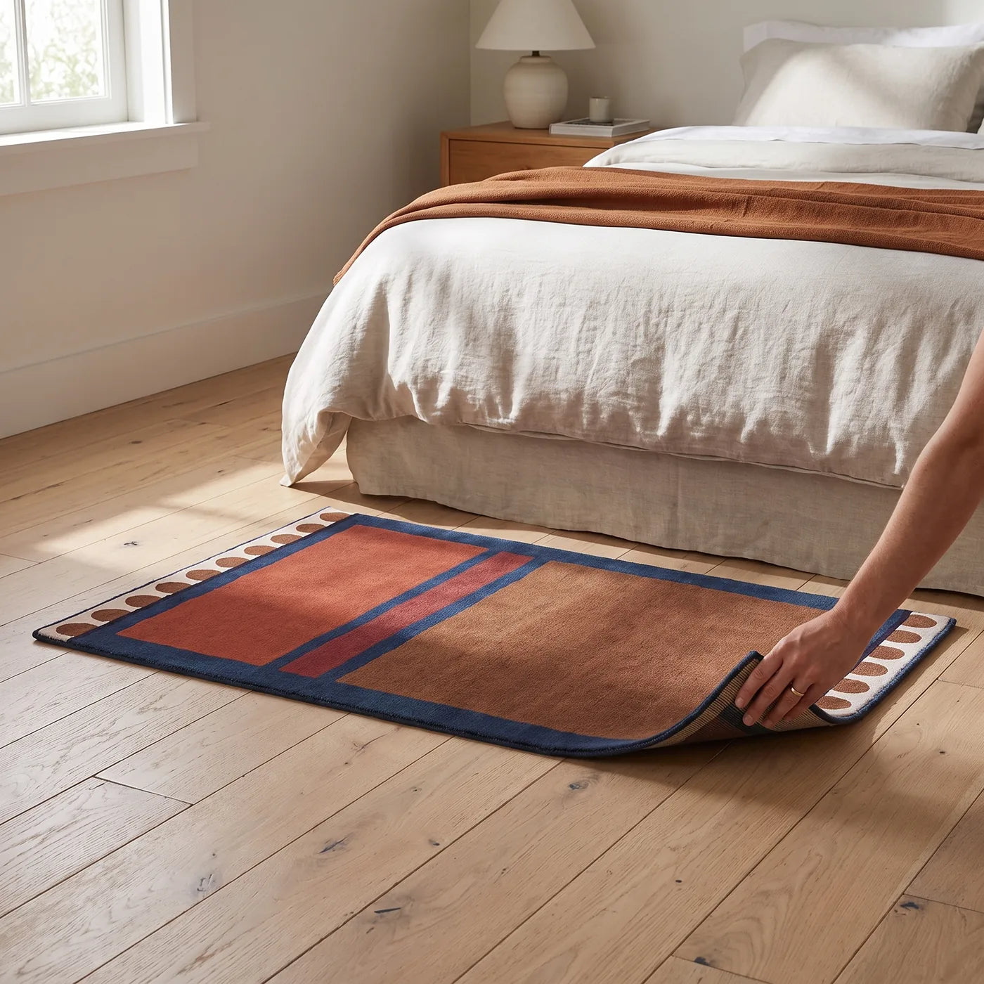 Nina Indigo & Rust Abstract Rug shown in a home