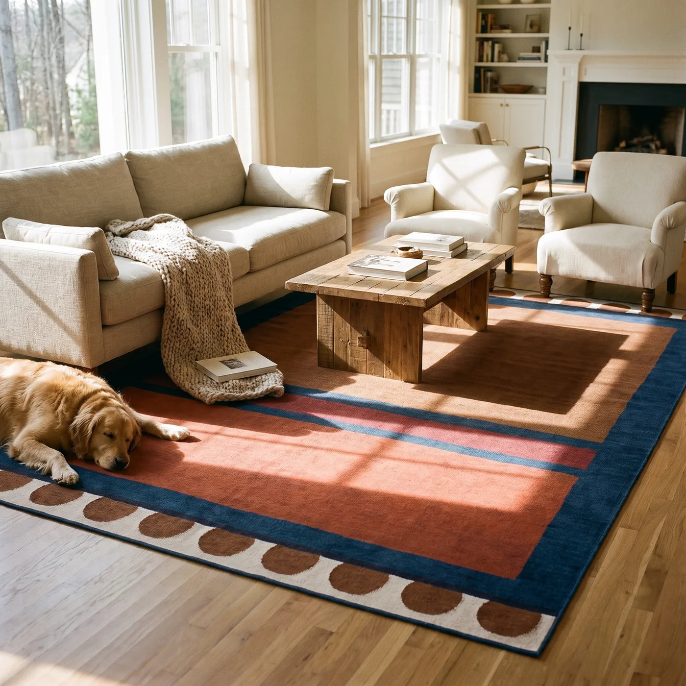 Nina Indigo & Rust Abstract Rug shown in a home