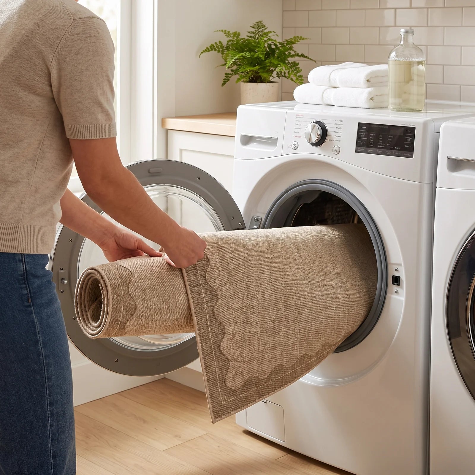 Orla Scalloped Tan Rug being loaded into a washing machine