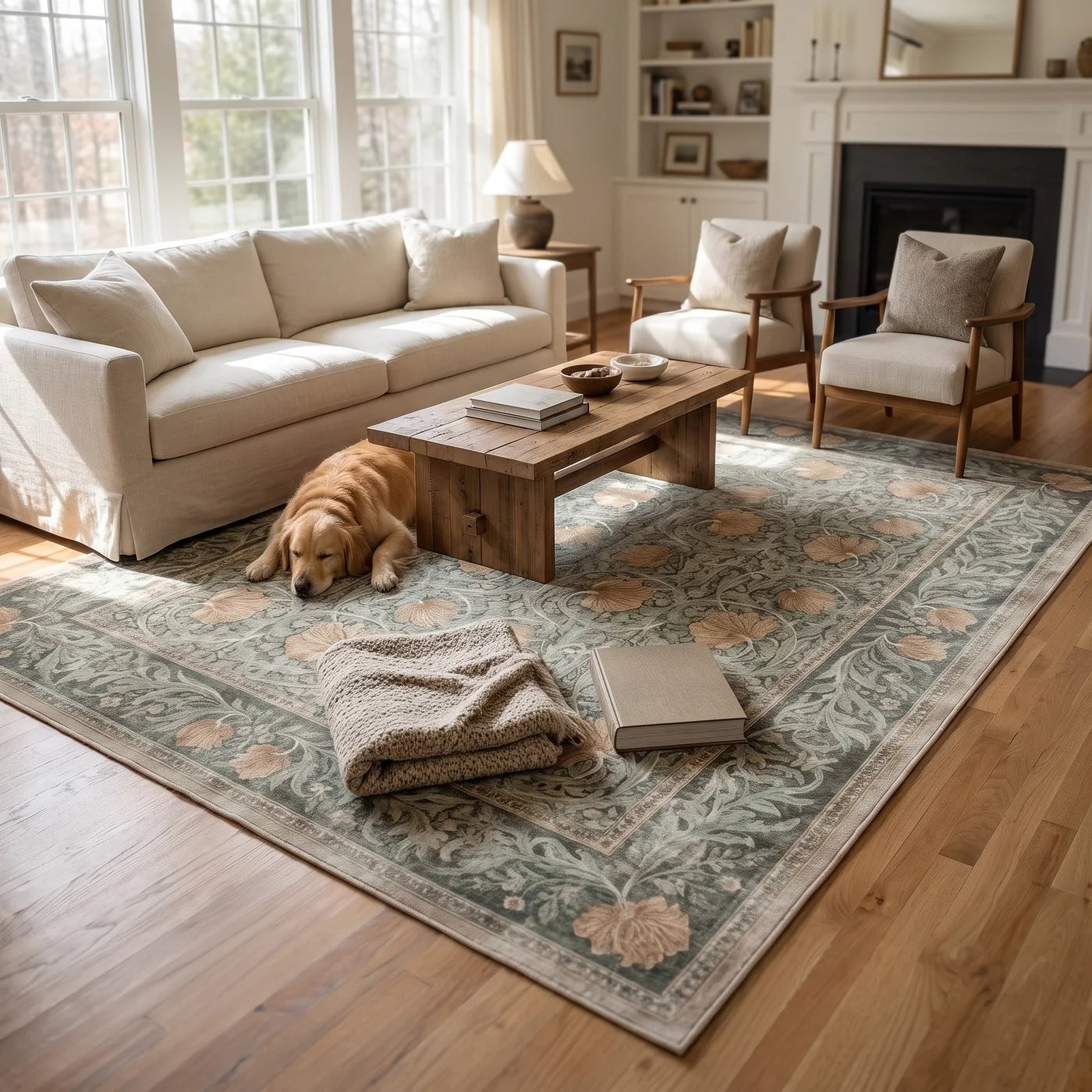 Pimpernel Jade Floral Rug shown in a home