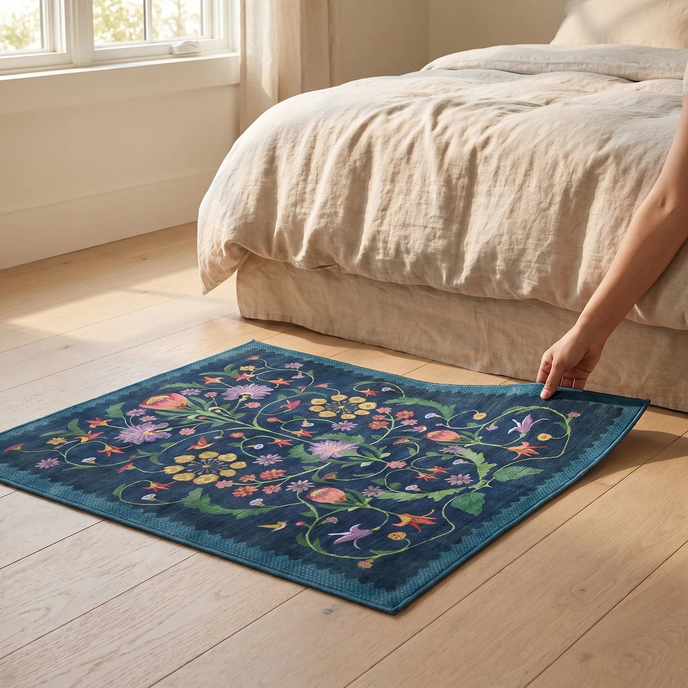 Protea Blue Botanical Rug shown in a home