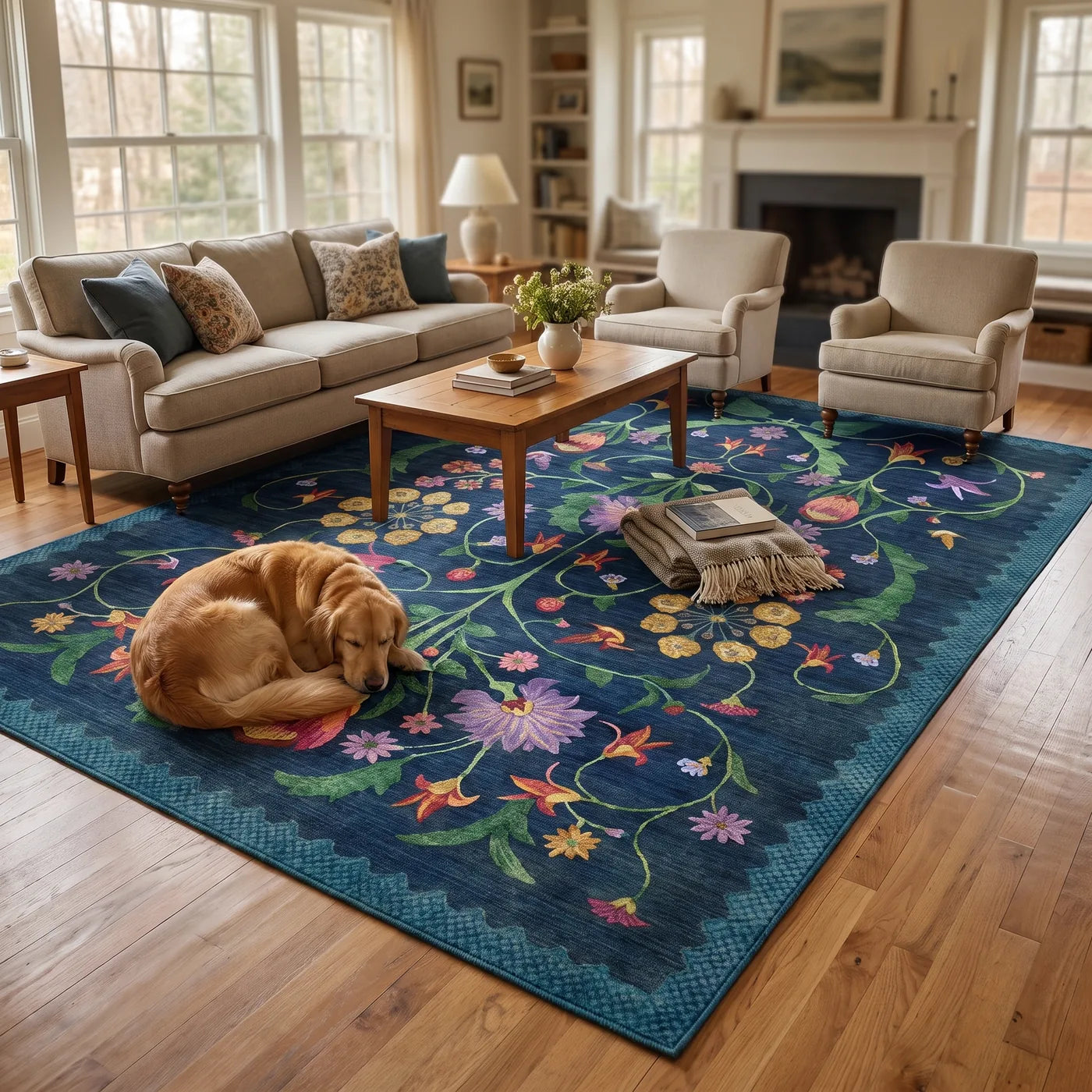 Protea Blue Botanical Rug shown in a home