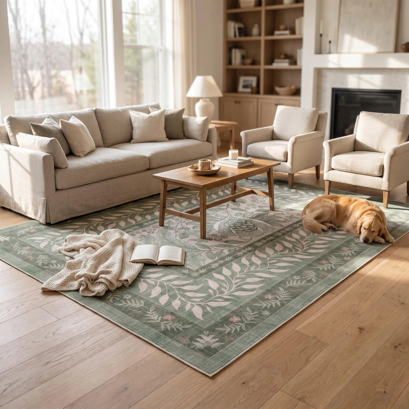 Provence Sage Bordered Rug shown in a home