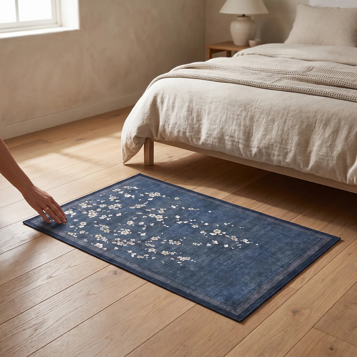 Sakura Indigo Cherry Blossom Rug shown in a home