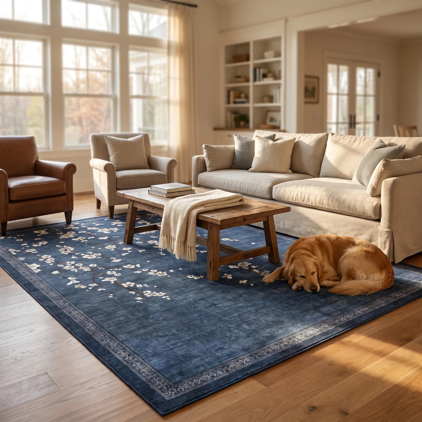 Sakura Indigo Cherry Blossom Rug shown in a home