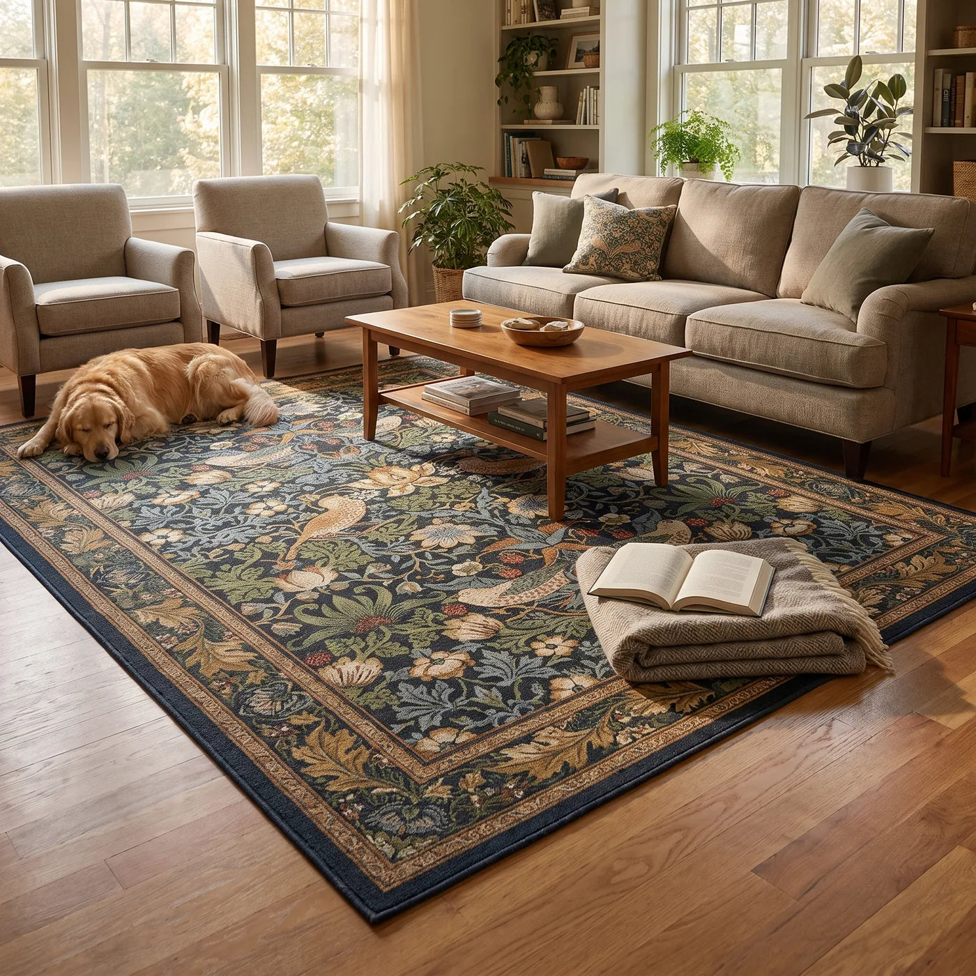 Strawberry Thief Indigo Bird Rug shown in a home