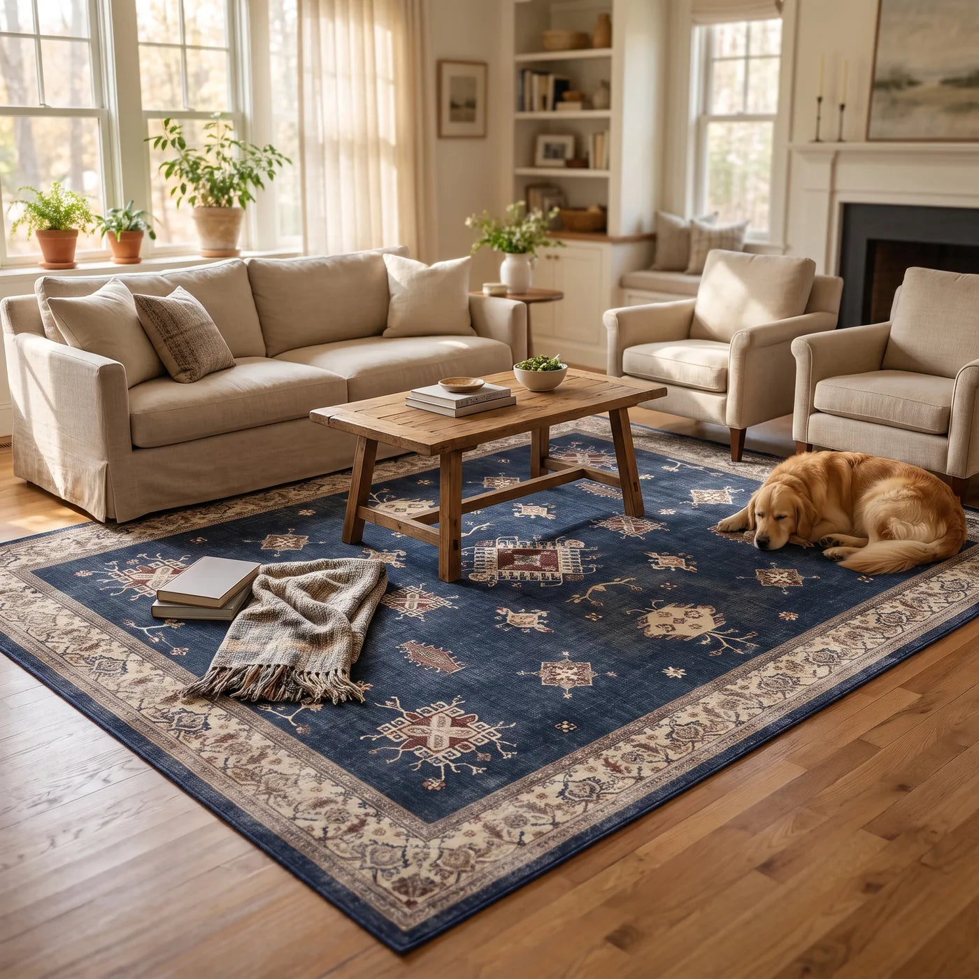 Verena Sapphire Blue Medallion Rug shown in a home