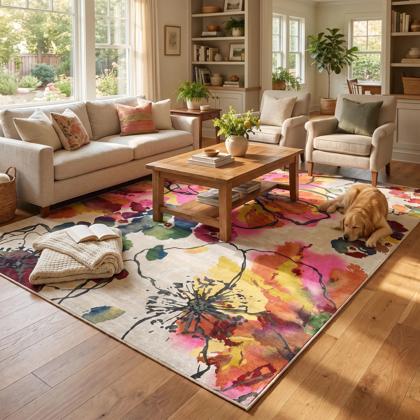 Watercolor Floral Multicolor Rug shown in a home
