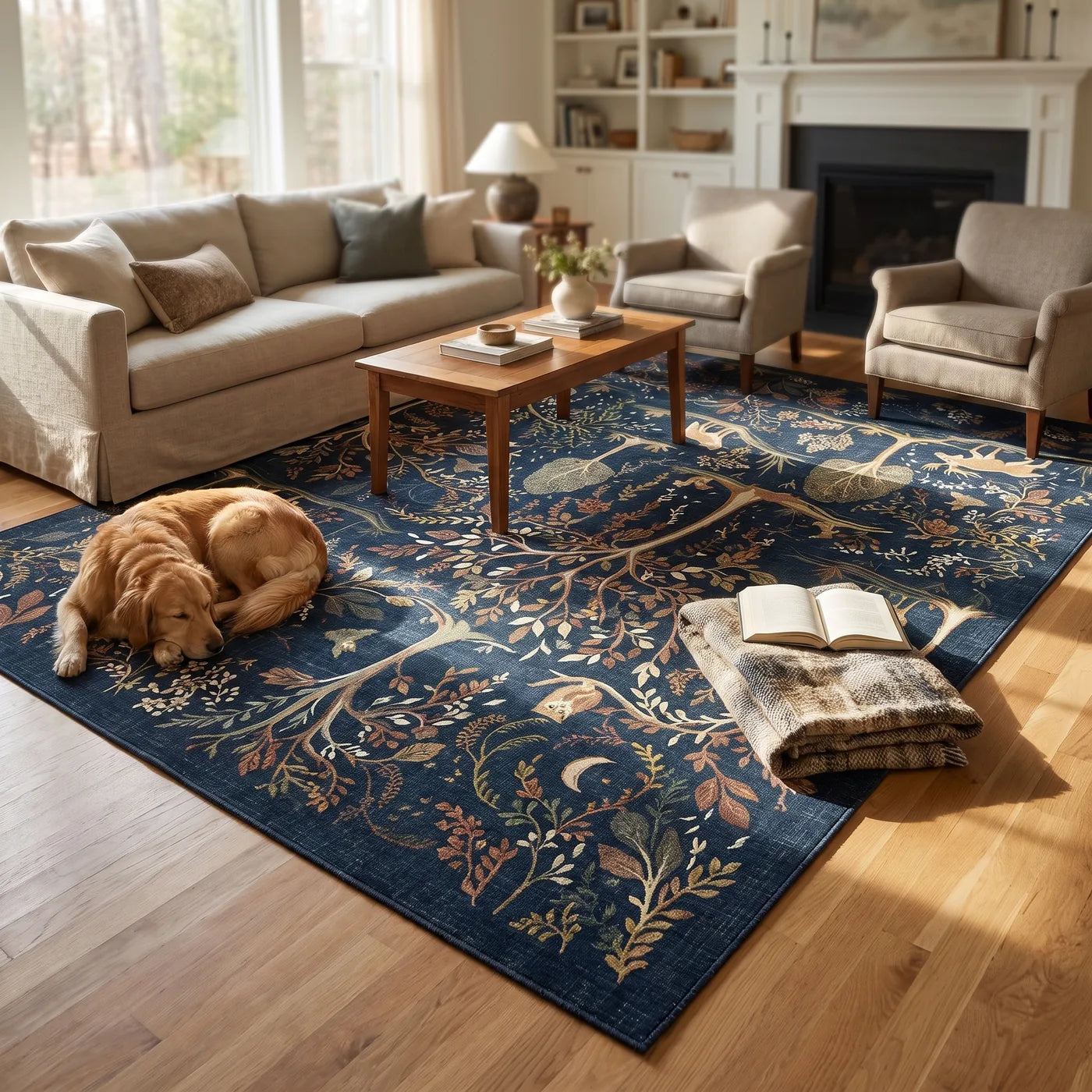 Wilder Blue Woodland Rug shown in a home