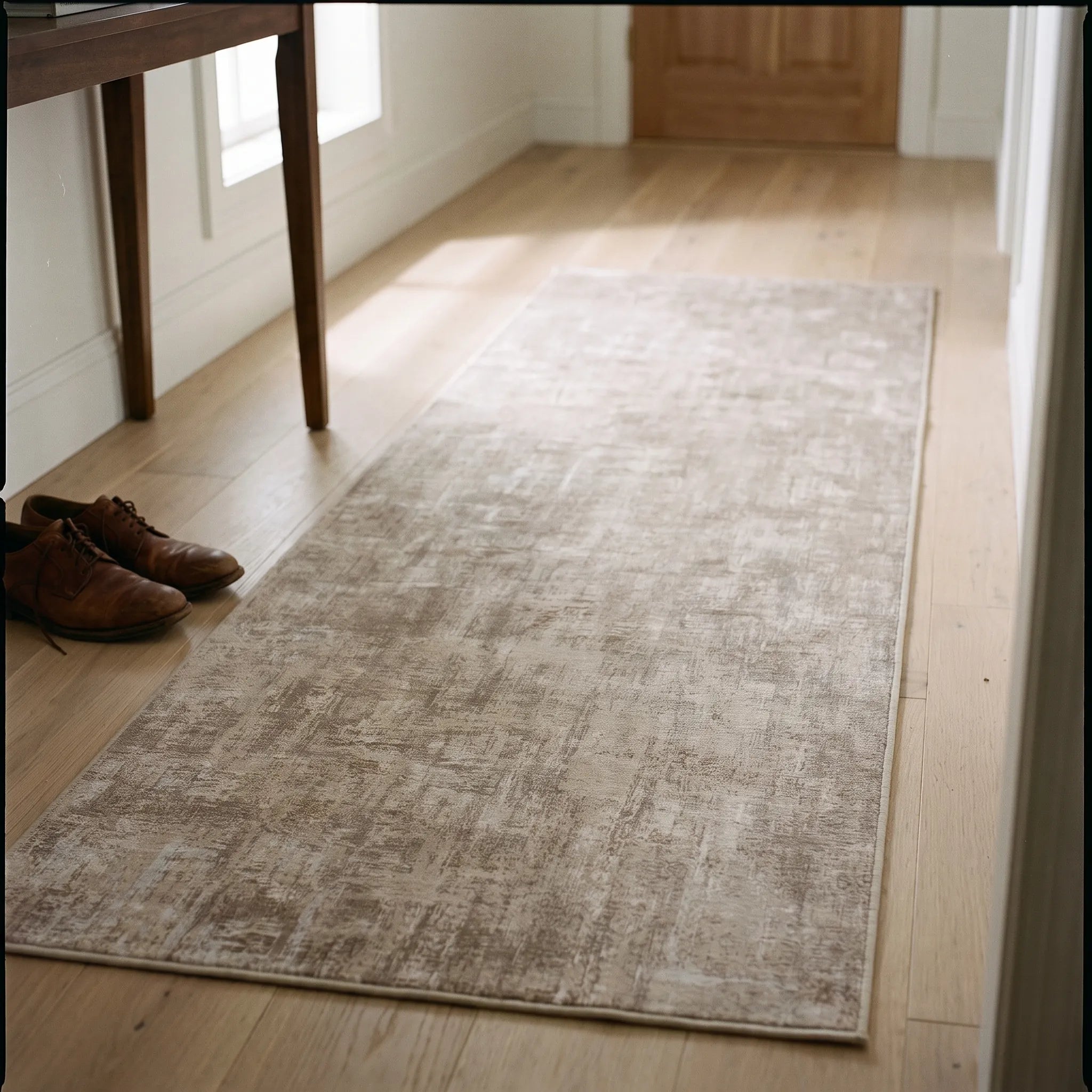 Impasto Taupe Rug in a hallway