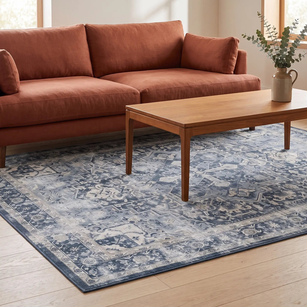 Kamran Admiral Blue Rug in a living room