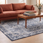 Kamran Admiral Blue Medallion Rug in a living room