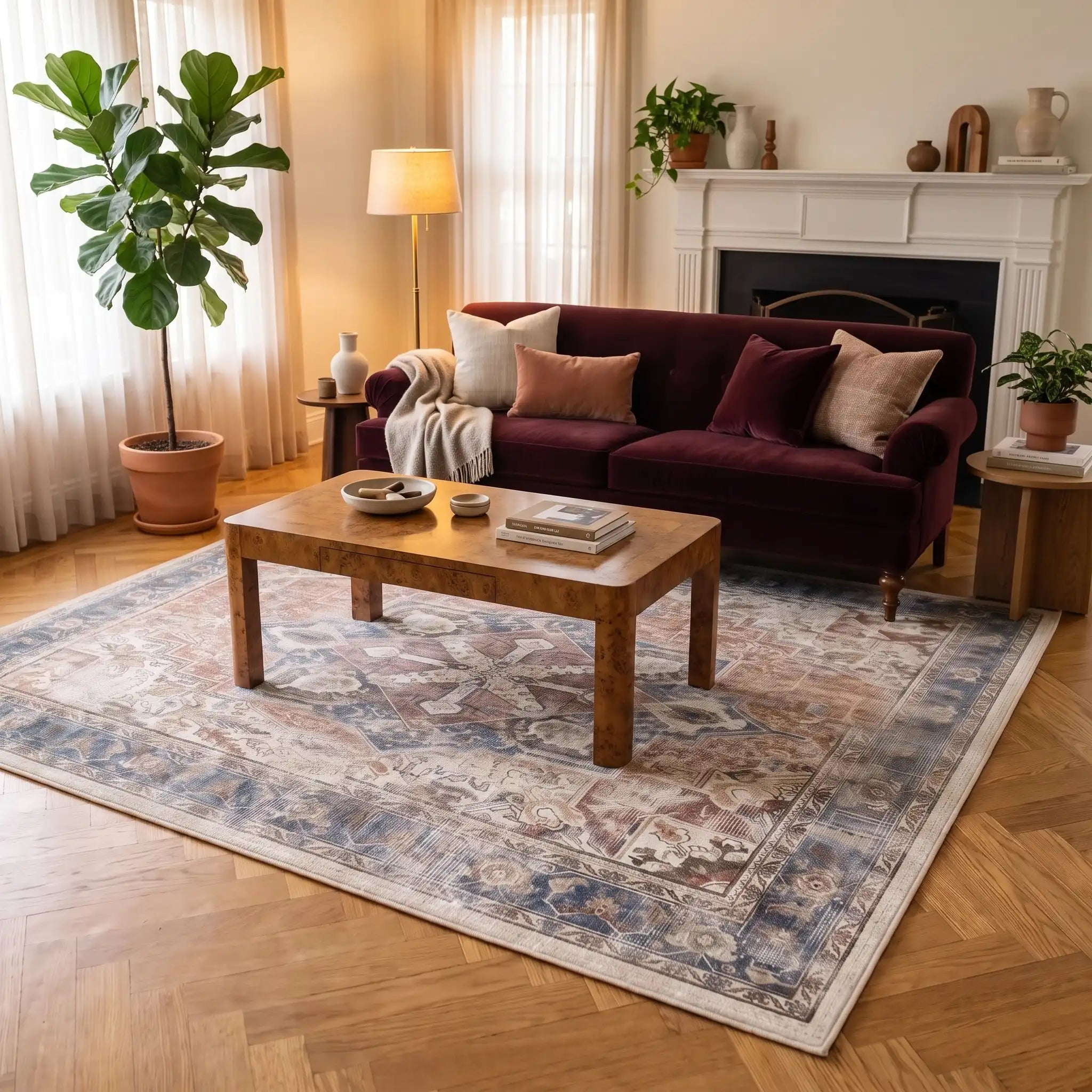 Kamran Coral Medallion Rug in a living room