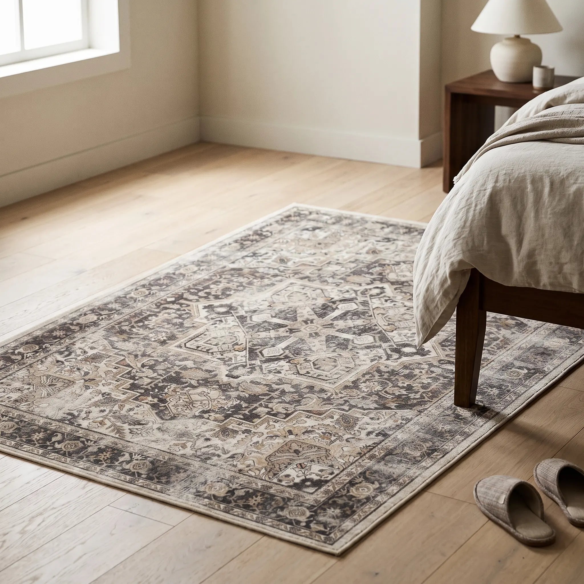 Kamran Hazel Rug in a bedroom