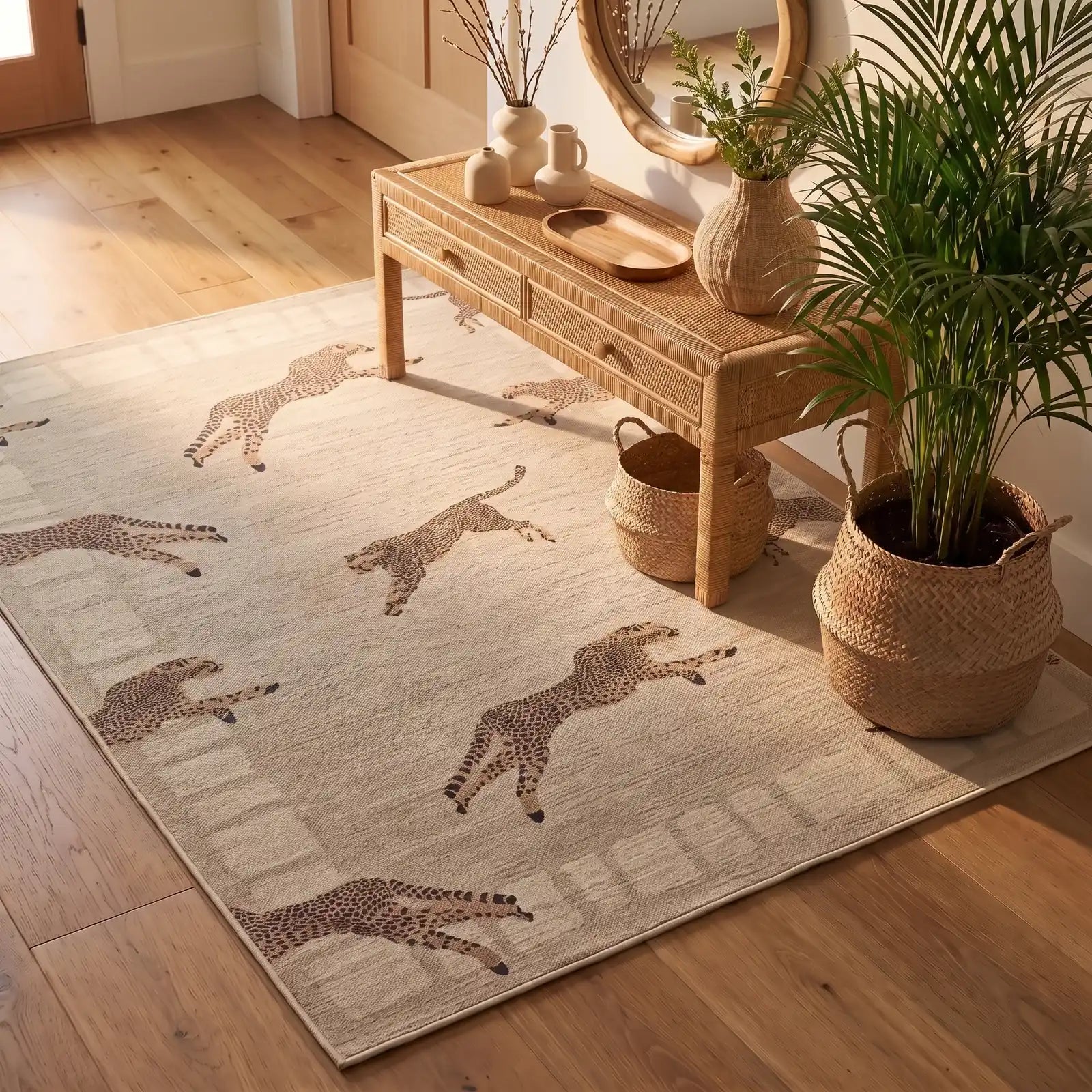 Leaping Cheetah Sand Bordered Rug in an entryway
