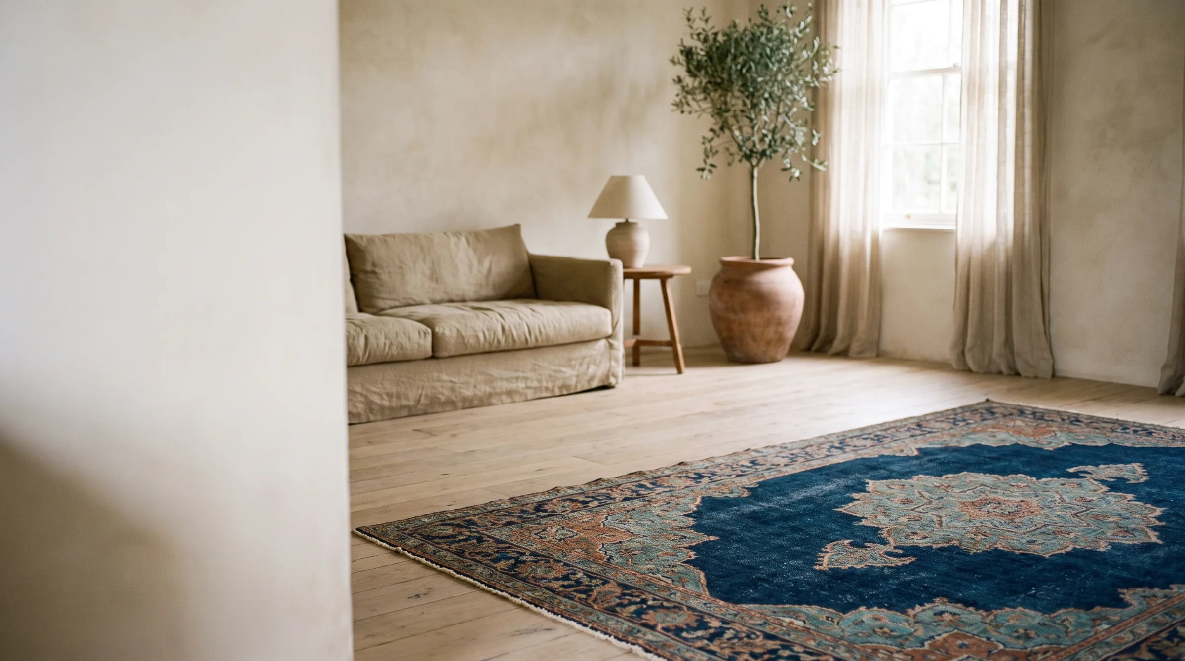 A vintage style navy medallion rug on a pale oak floor in a warm, sunlit living room