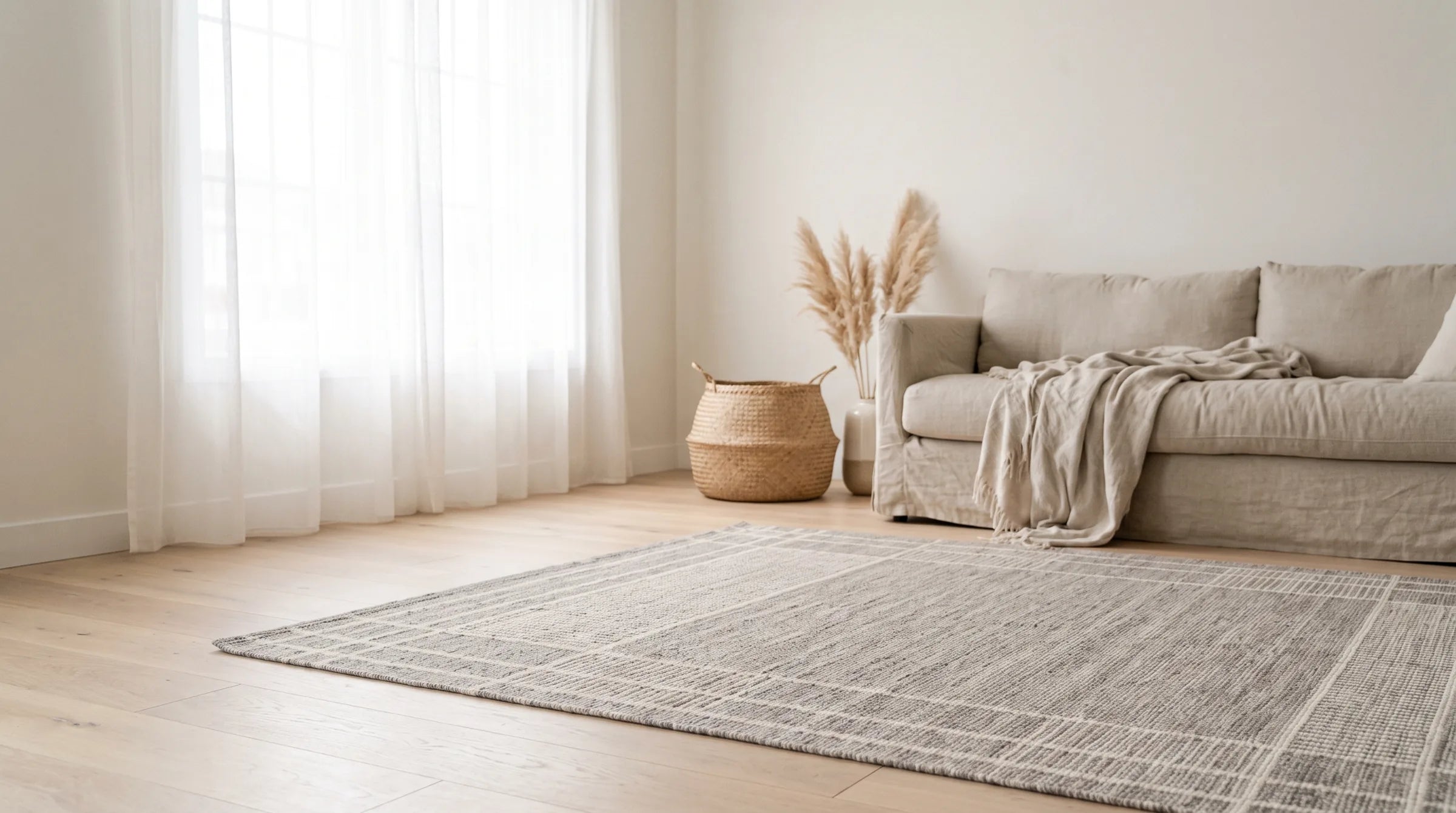A stone gray washable rug anchoring a bright, airy room with sheer curtains