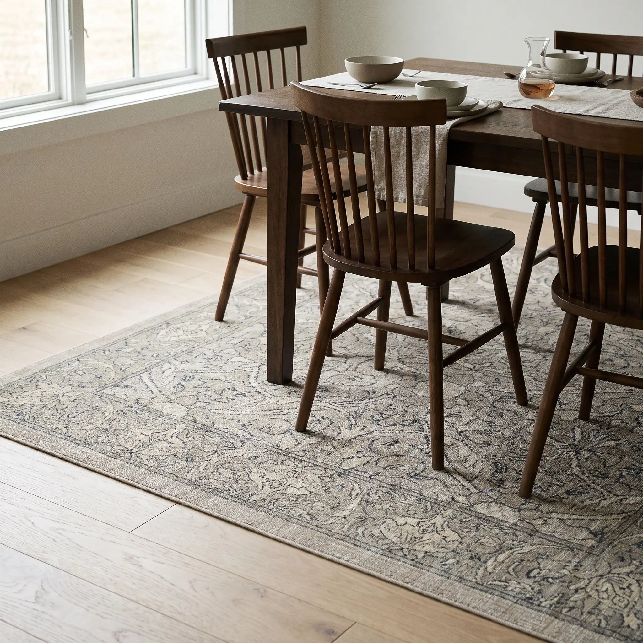 Montreal Natural Stone Rug in a dining room