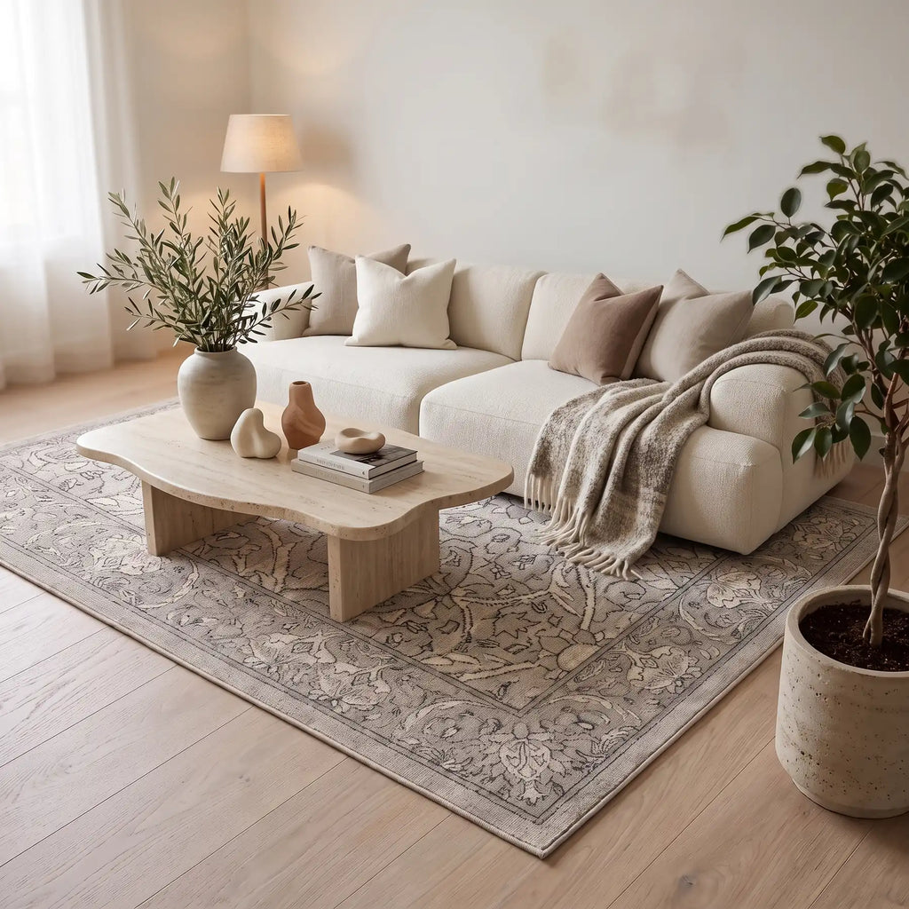 Montreal Natural Stone Floral Rug in a living room