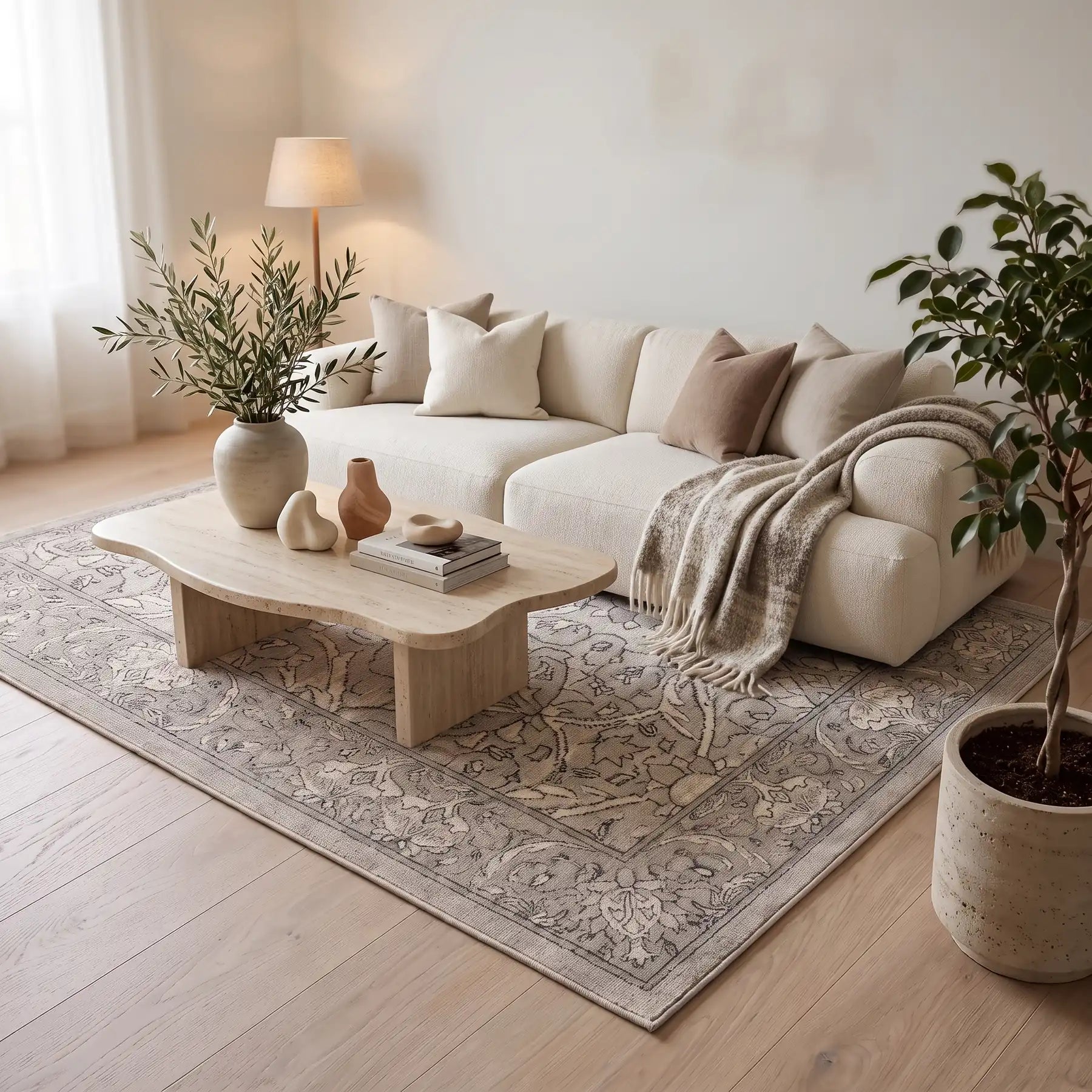 Montreal Natural Stone Floral Rug in a living room