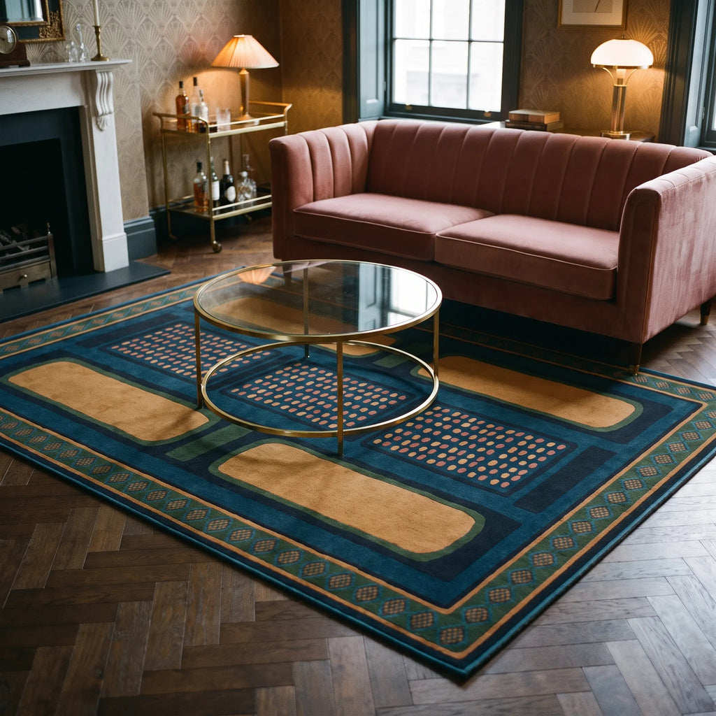 Nerissa Teal and Gold Rug in a living room