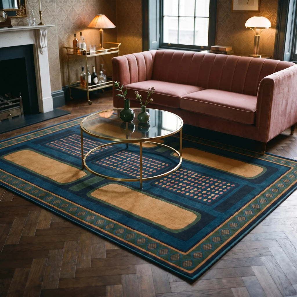 Nerissa Teal and Gold Geometric Rug in a living room