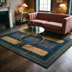 Nerissa Teal and Gold Geometric Rug in a living room
