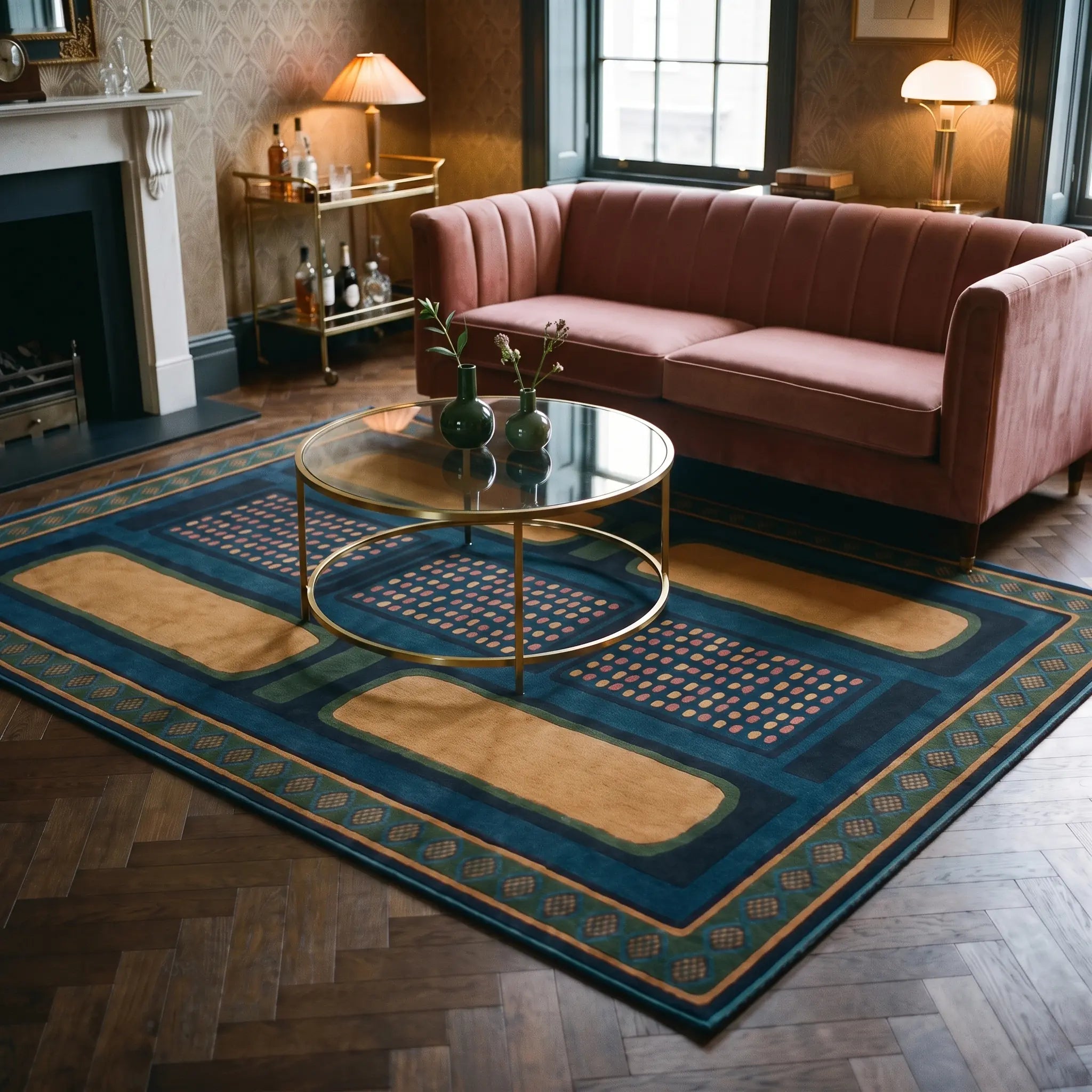 Nerissa Teal and Gold Geometric Rug in a living room