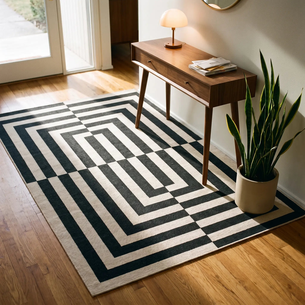 Op Art Charcoal Rug in an entryway