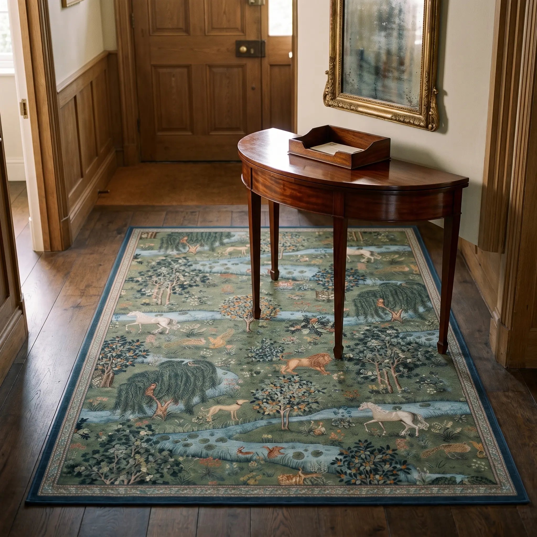 Owl and Willow Green Rug in an entryway