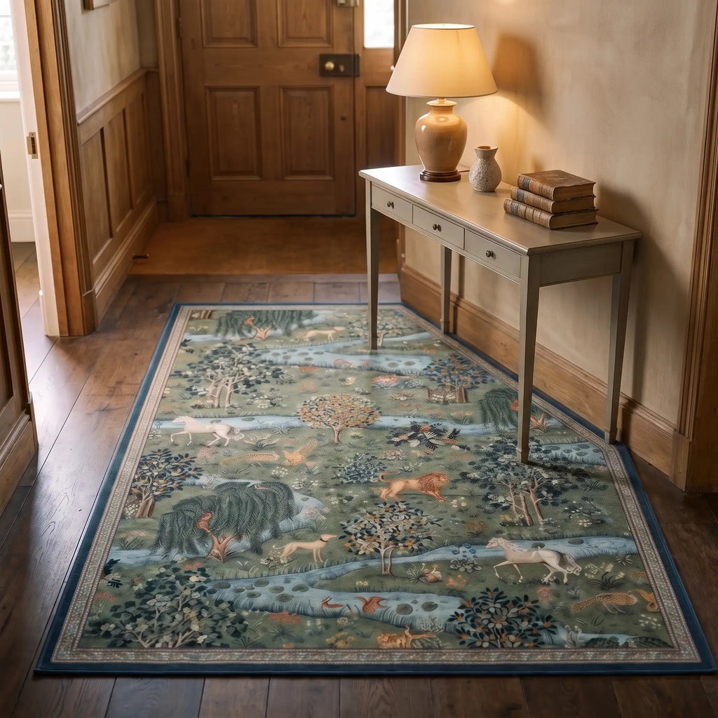 Owl and Willow Green Woodland Rug in a hallway