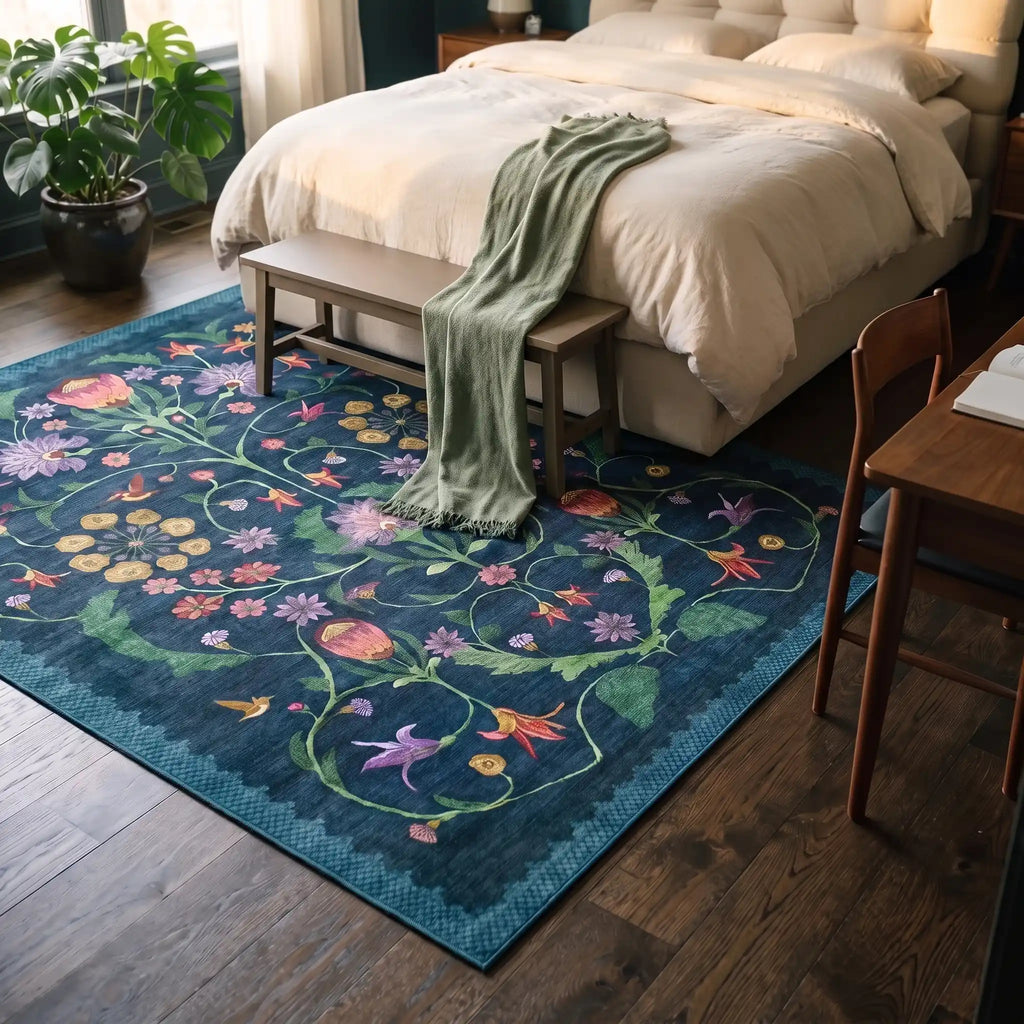 Protea Blue Botanical Rug in a bedroom