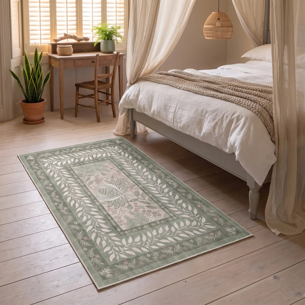Provence Sage Bordered Rug in a bedroom