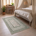 Provence Sage Bordered Rug in a bedroom