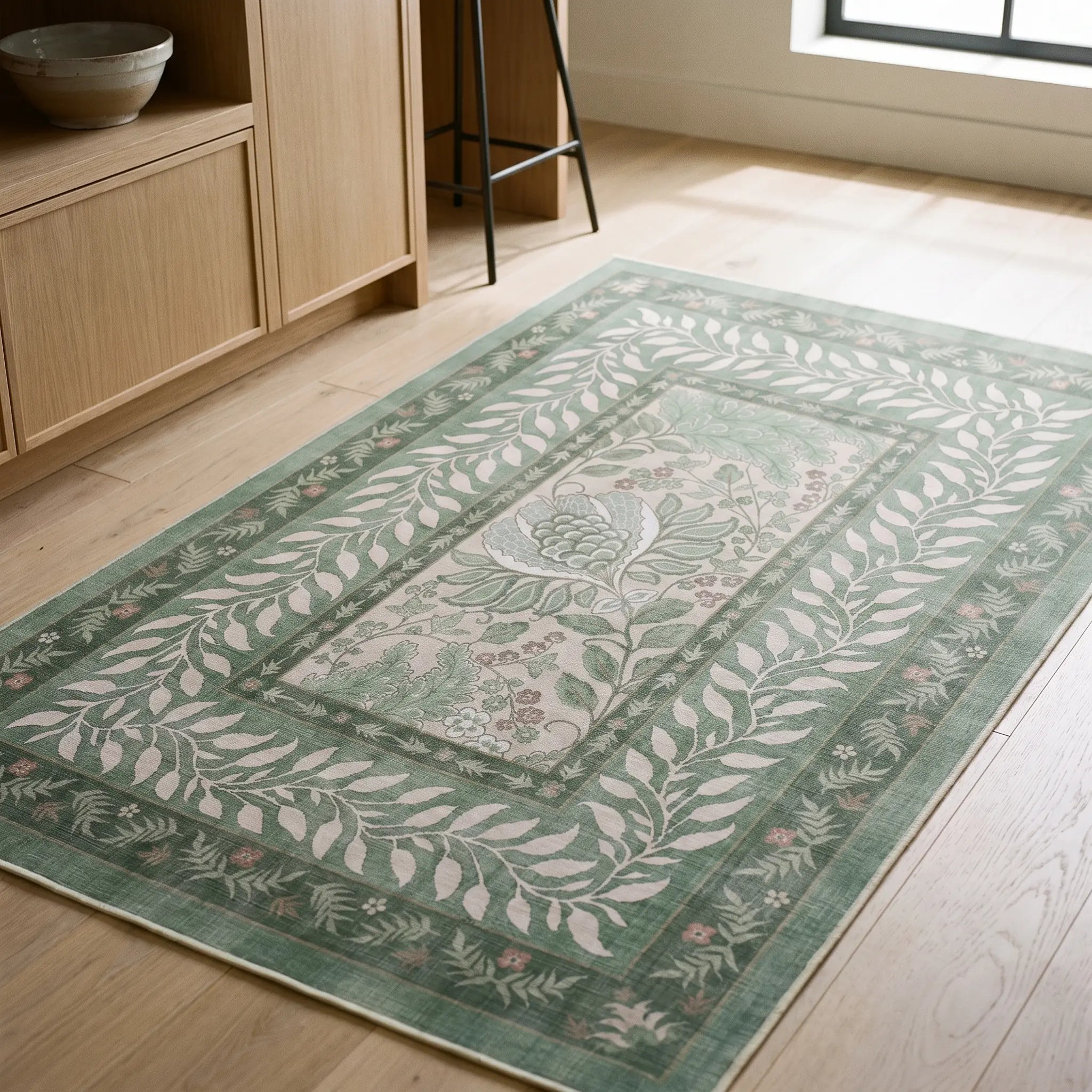 Provence Sage Rug in a kitchen