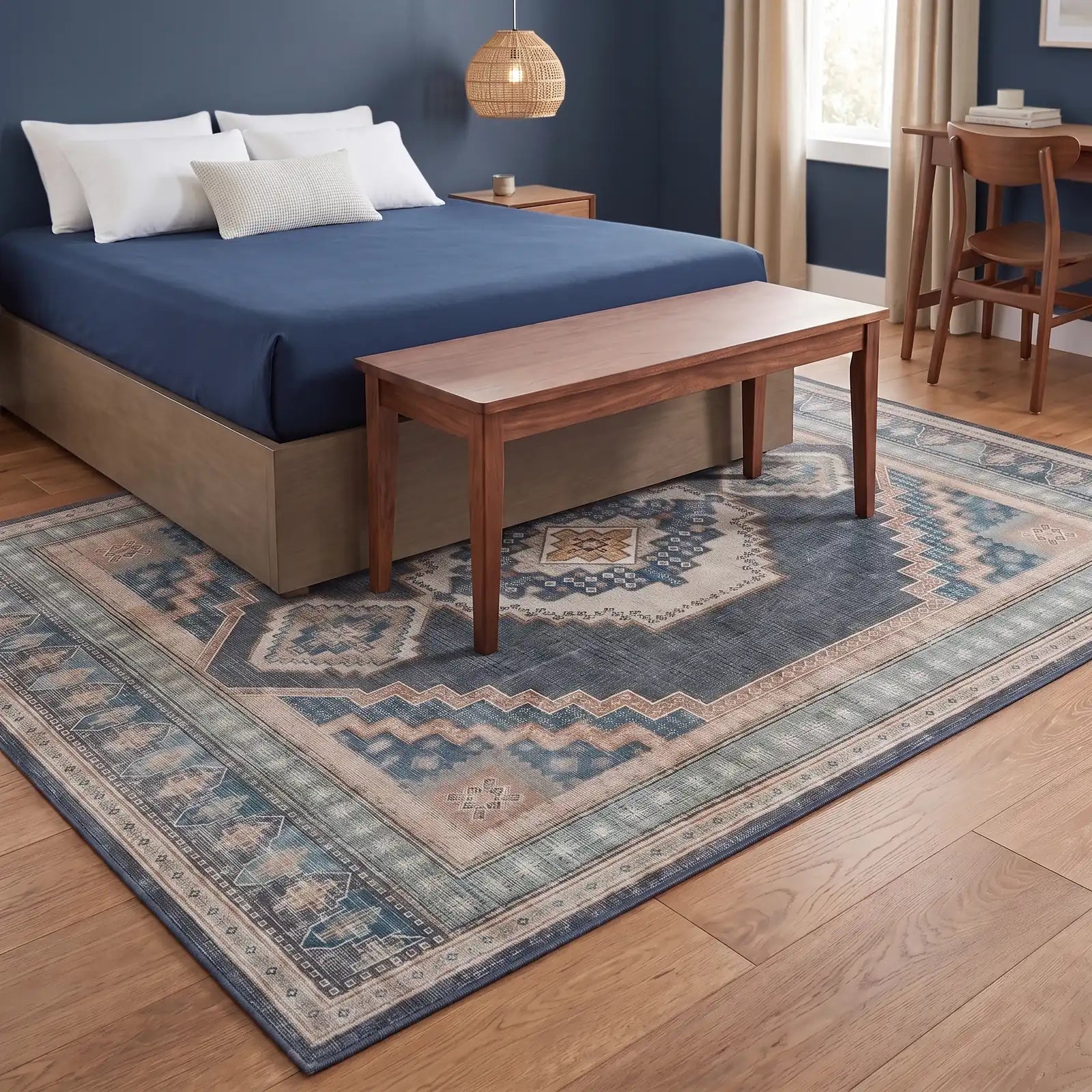 Rayne Soft Navy Medallion Rug in a bedroom